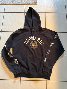 Harry Potter Mens Pullover Hoodie- Hogwarts School Crest Sleeve Houses